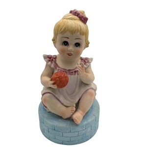 Vintage Lefton Bisque Musical Figurine Toddler Girl with Ball Rotating Porcelain
